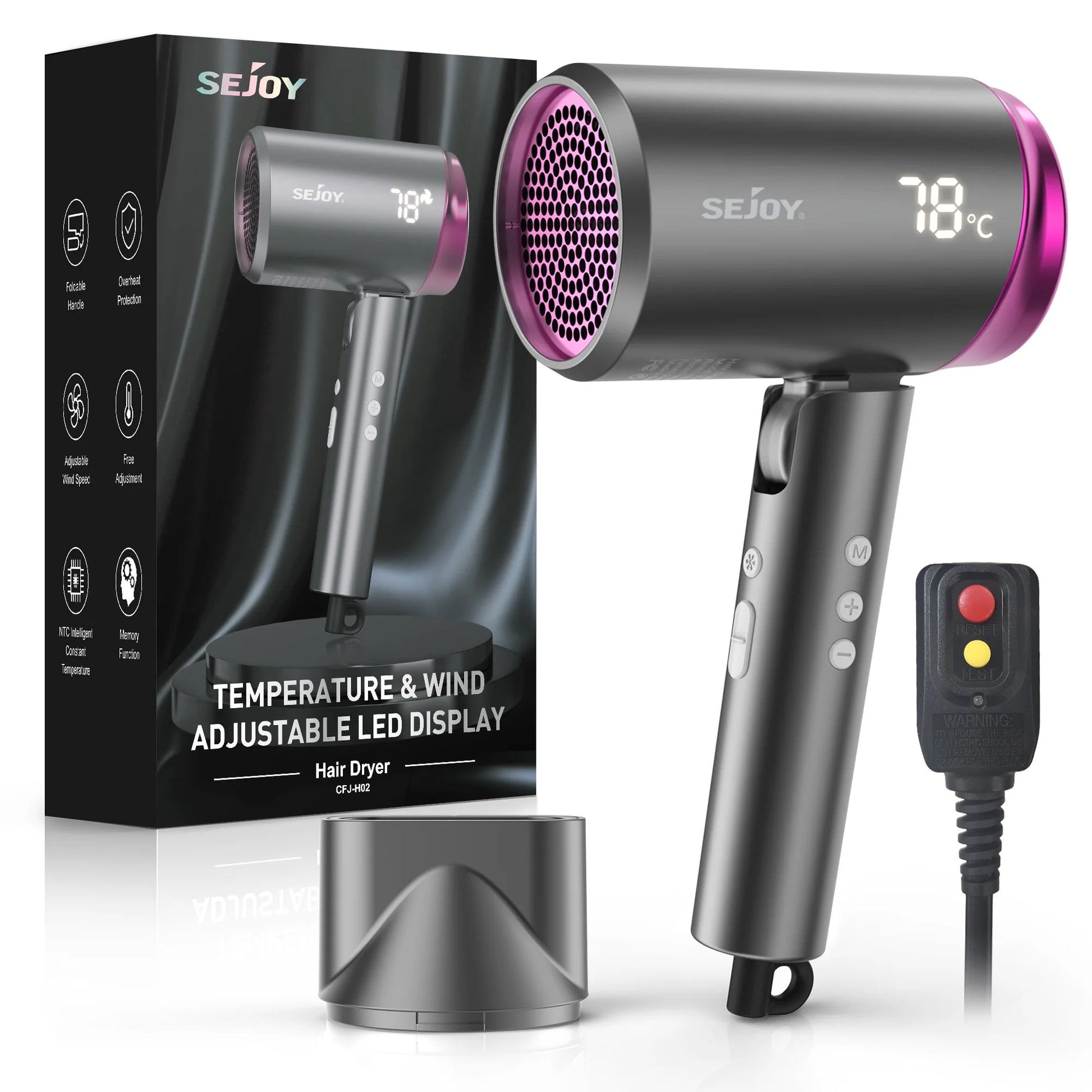 🇺🇸 USA - High Speed Hair Dryer, 1800W Powerful Fast Blow Dryer, LED Display Negative Ion Hair Dryer Compact for Travel