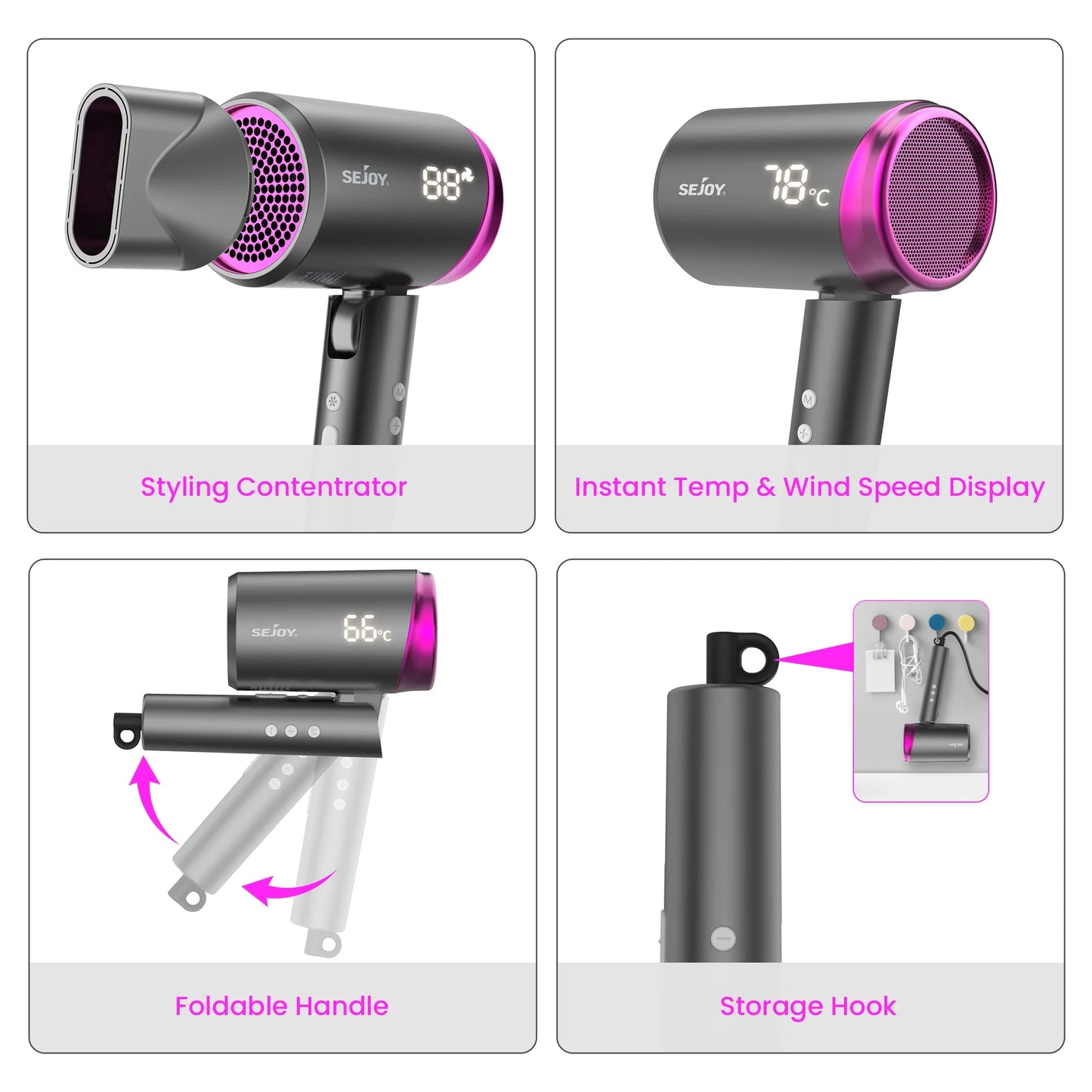 🇺🇸 USA - High Speed Hair Dryer, 1800W Powerful Fast Blow Dryer, LED Display Negative Ion Hair Dryer Compact for Travel